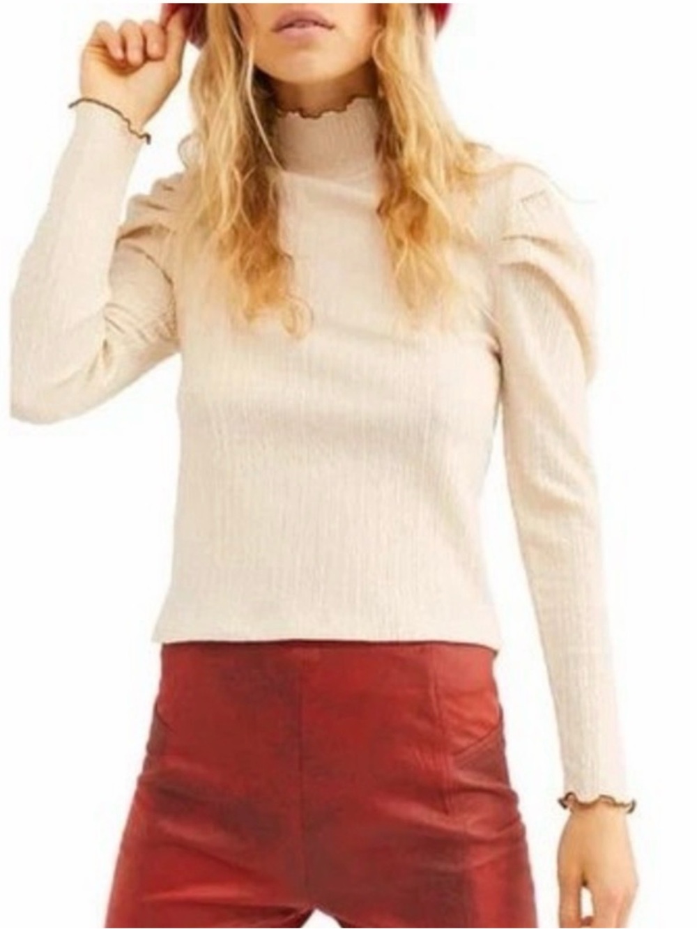 FREE PEOPLE Ela Mock Neck Puff Sleeve Blouse Beige Size Small